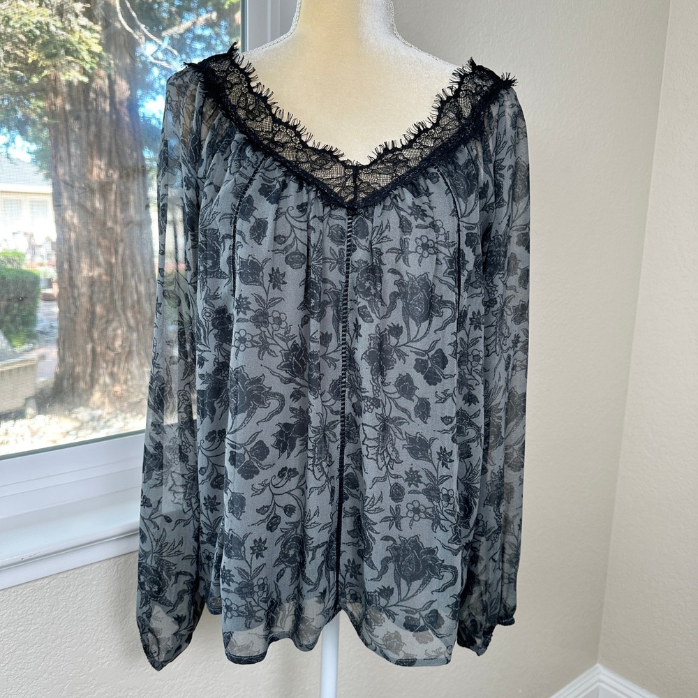 ASTR The Label Floral Lace Chiffon Blouse Women L Black Sheer Whimsygoth Boho